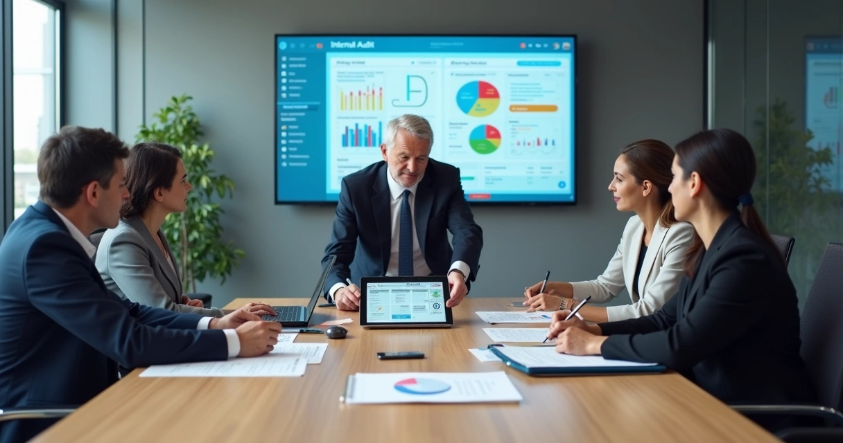 Equipe de liderança analisando relatório de auditoria interna em sala de reunião moderna
