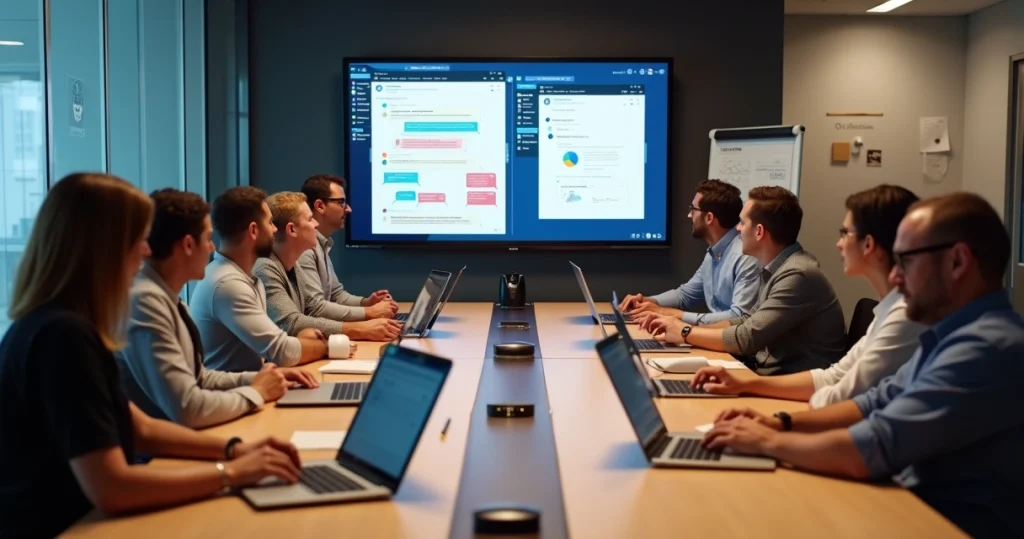Equipe usando Slack e Microsoft Teams lado a lado em ambiente corporativo moderno