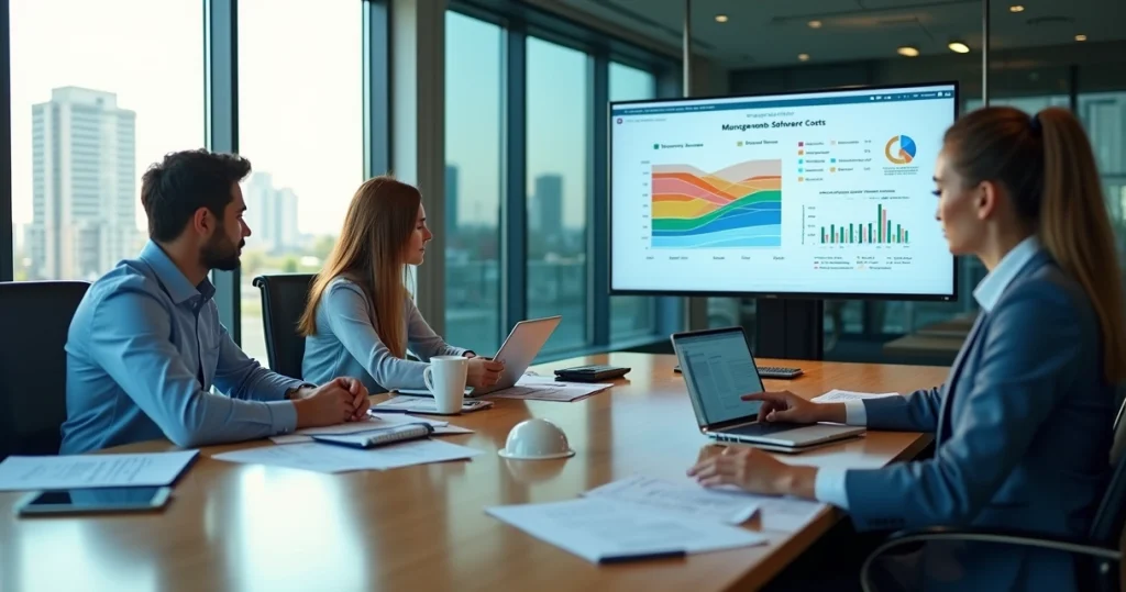 Gestores comparando custos totais de softwares de gestão em painel com gráficos e planilhas