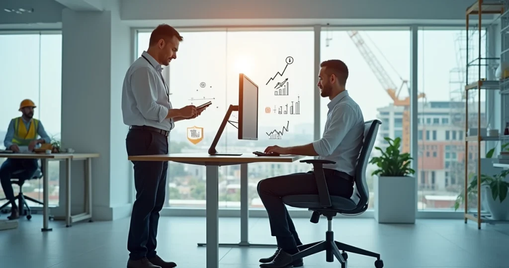 Equipe em ambiente corporativo avaliando postura e segurança em estação de trabalho