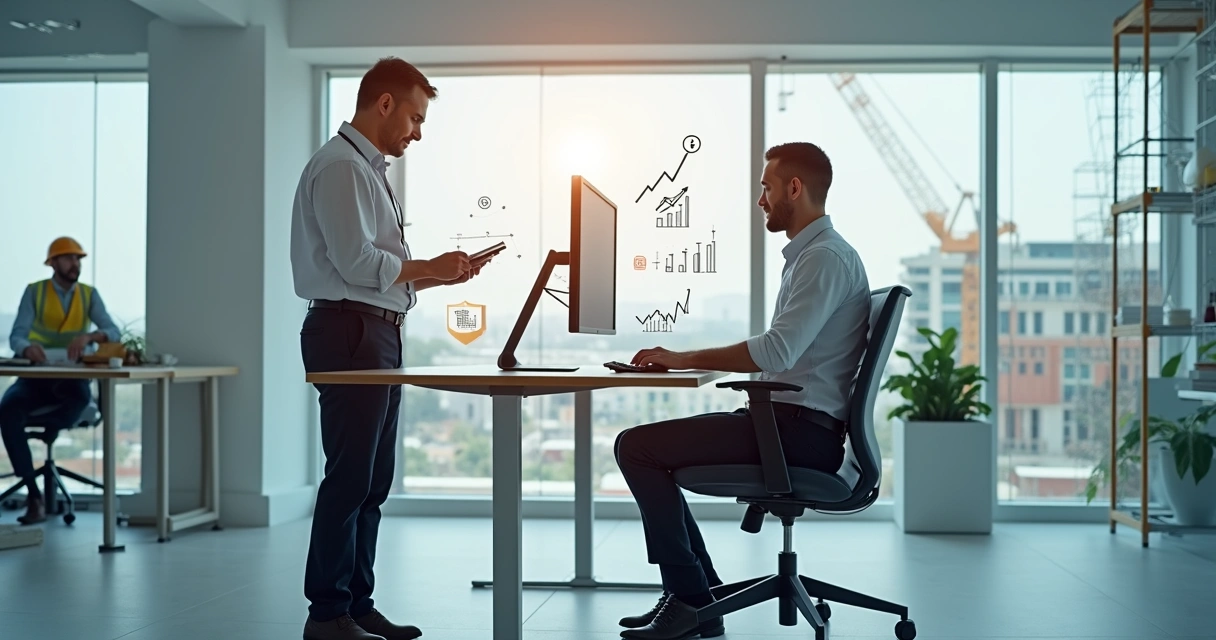 Equipe em ambiente corporativo avaliando postura e segurança em estação de trabalho