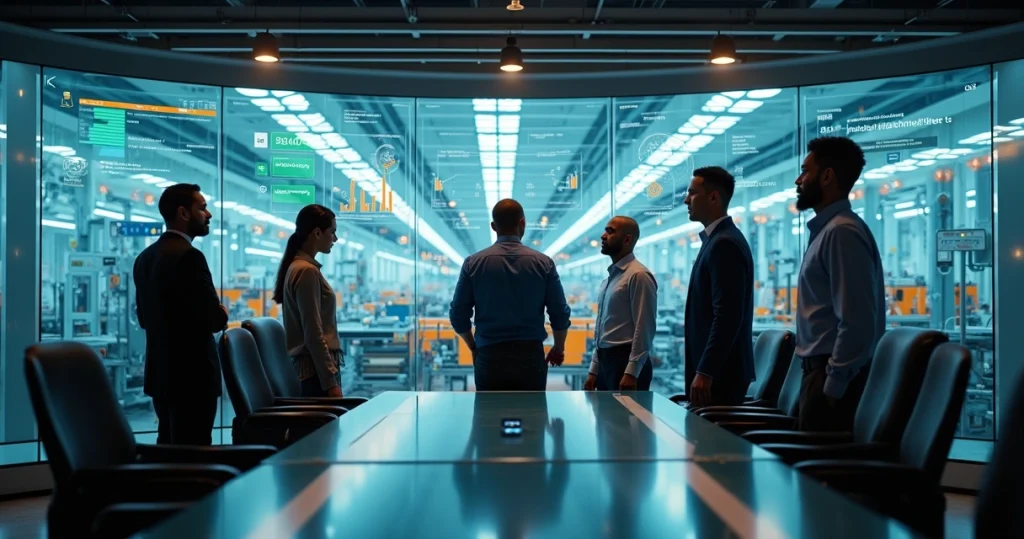Equipe de gestão analisando painel integrado de indicadores em fábrica moderna