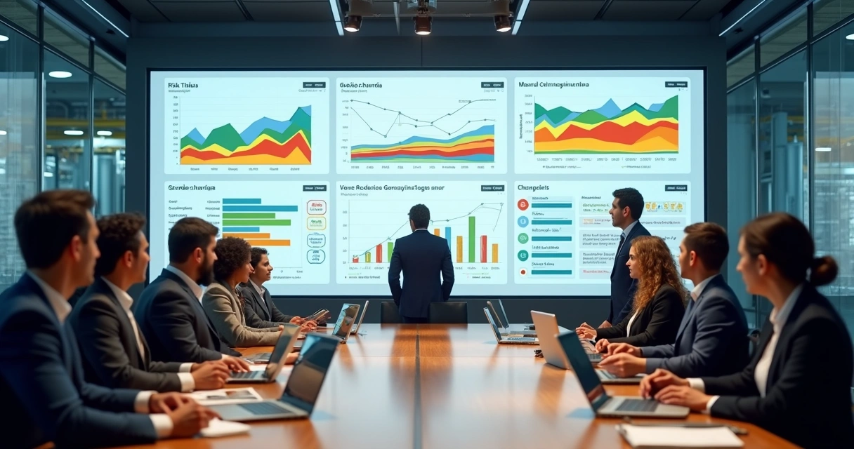 Executivos analisando painel digital de gestão com gráficos e indicadores em ambiente corporativo moderno