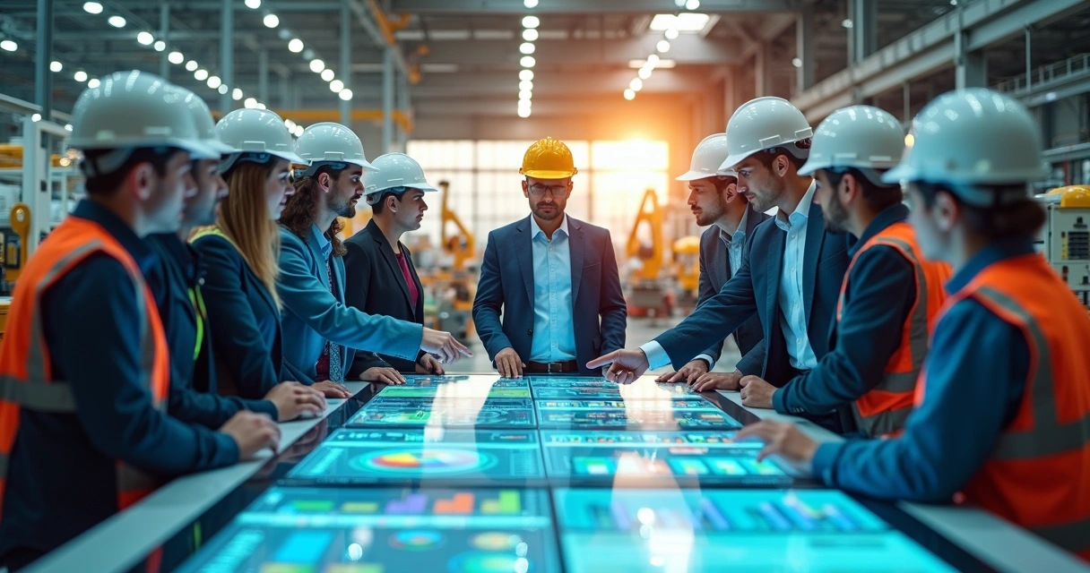 Equipe diversa em fábrica moderna colaborando em projeto de inovação com telas digitais