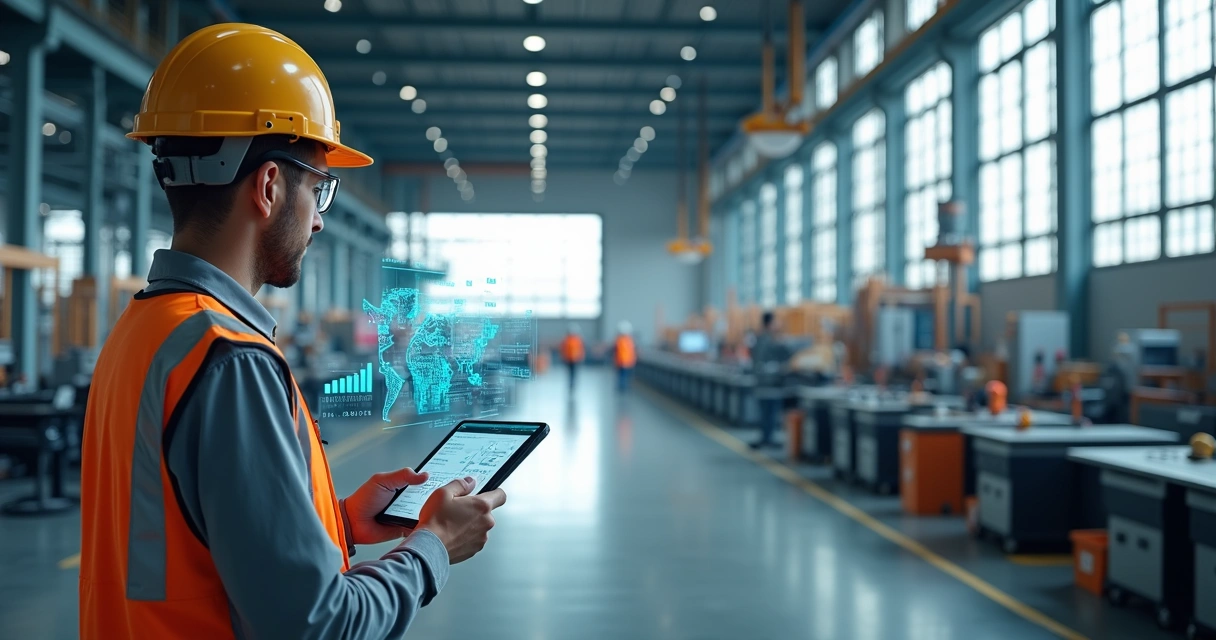 Engenheiro inspecionando segurança e ergonomia em linha de produção industrial