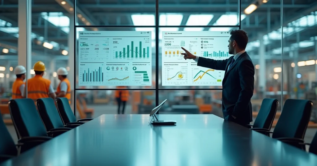 Gestor observando painel com indicadores de segurança e resultados financeiros