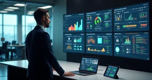 Gestor analisa painel de software com dados de segurança e gestão de riscos