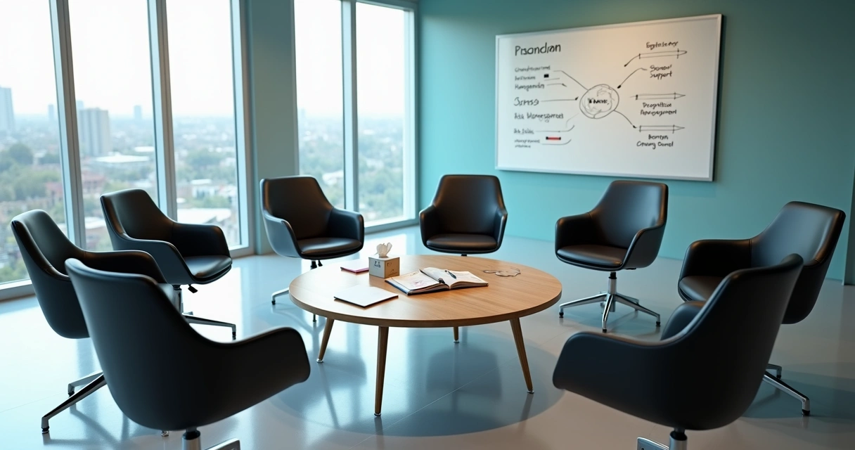 Círculo de cadeiras em escritório simbolizando gestão de riscos psicossociais e apoio emocional