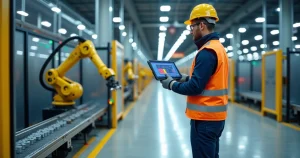 Robô colaborativo e trabalhador usando tablet em linha de produção segura