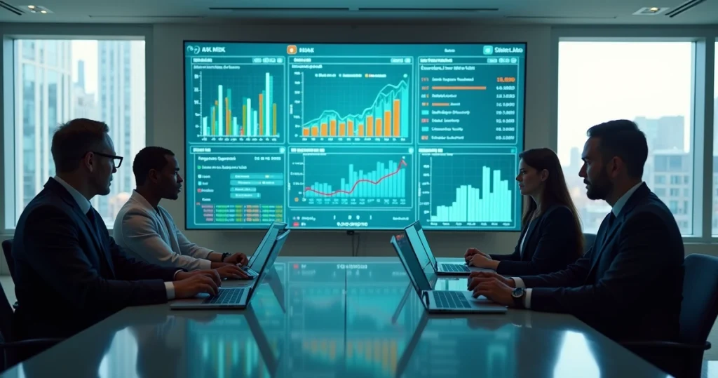 Painel digital de gestão de riscos corporativos em tela grande com gráficos e alertas em destaque