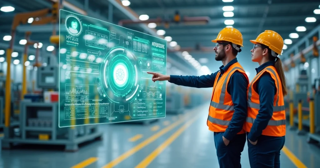 Engenheiros analisando painel digital de processos padronizados em fábrica