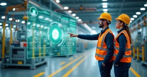 Engenheiros analisando painel digital de processos padronizados em fábrica