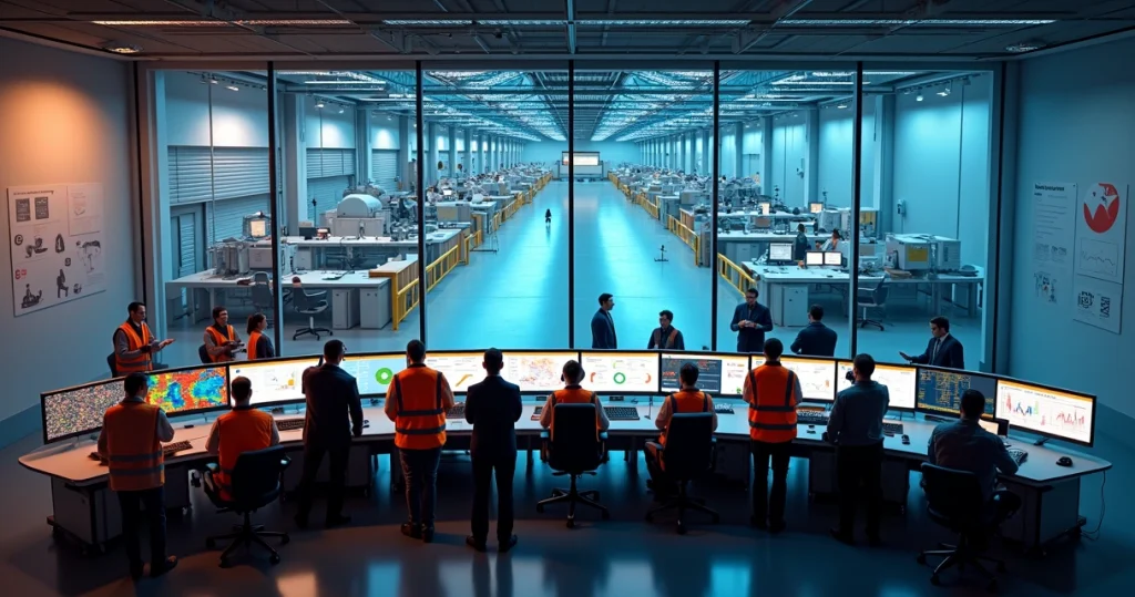 Sala de controle acompanhando segurança e riscos em planta industrial