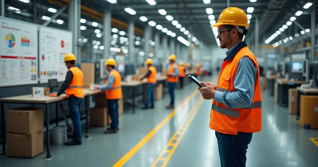 Supervisor analisa área industrial com trabalhadores usando equipamentos de proteção