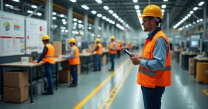 Supervisor analisa área industrial com trabalhadores usando equipamentos de proteção